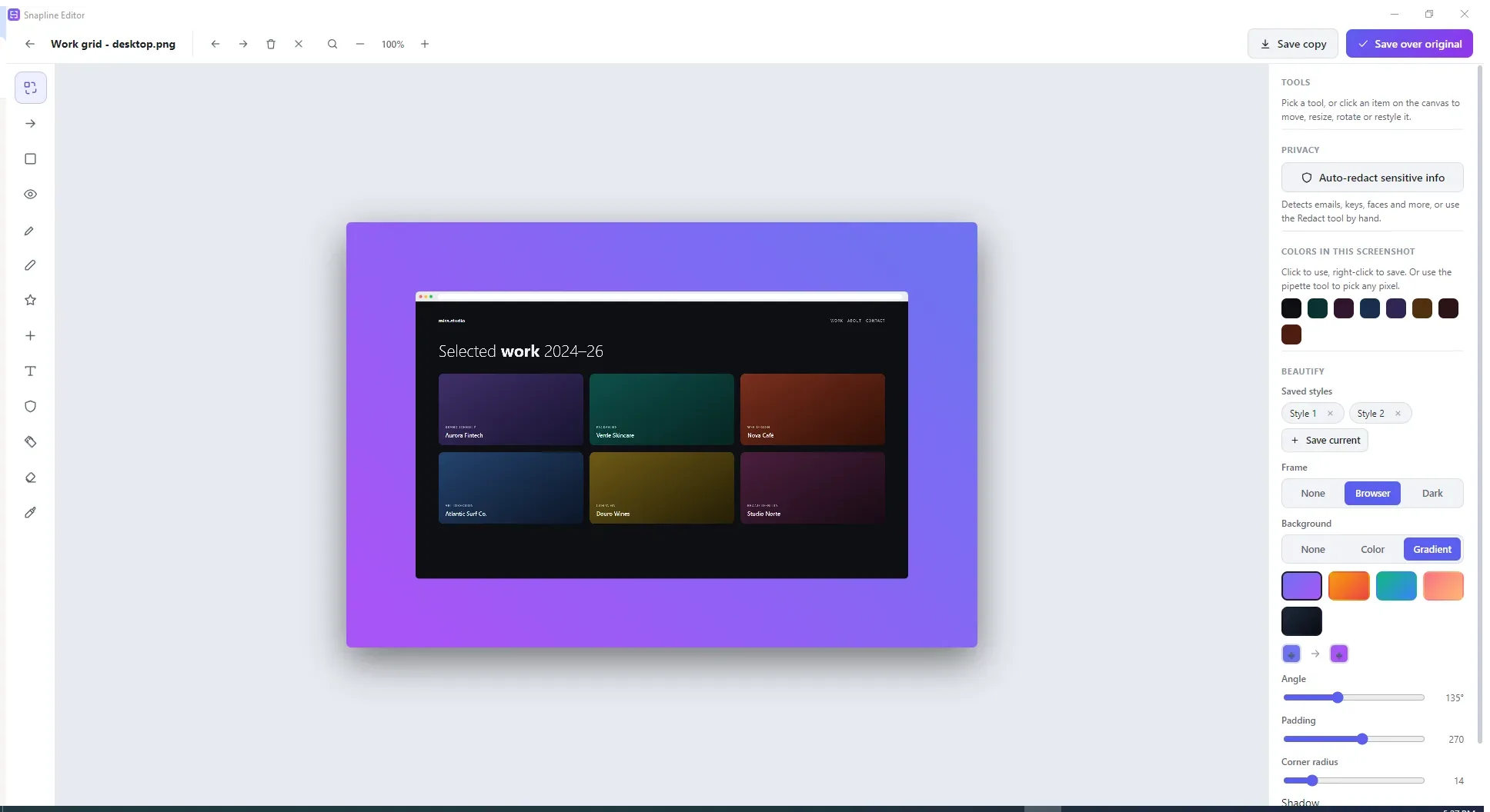 Snapline editor with a screenshot wrapped in a browser frame over a gradient backdrop, with beautify controls for padding, radius, and shadow.